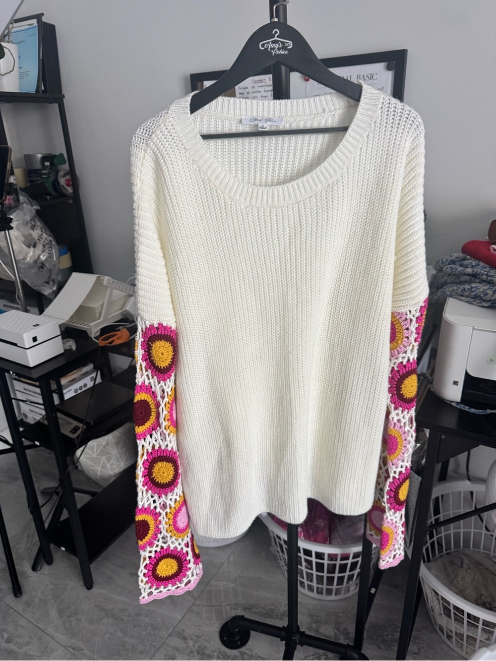 Cream Crewneck Sweater with Pink & Yellow Crochet-Sleeve Detail